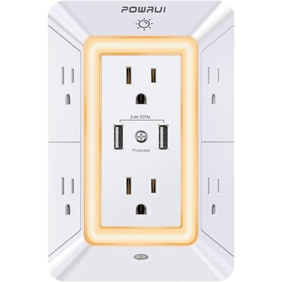 USB Wall Charger, Surge Protector, POWRUI 6-Outlet Extender with 2 USB Charging - Picture 7 of 7